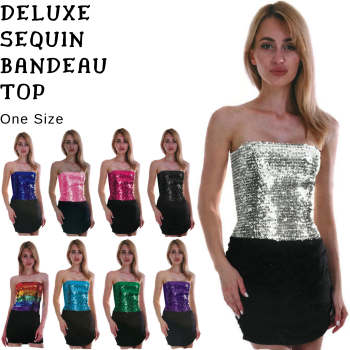 Womens SEQUIN BANDEAU CROP TOP Sparkling Sparkly Costume Tube - Rainbow