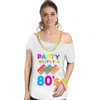 Party Like It's The 80s Womens T Shirt Costume Ladies 1980s Fancy Dress Up Top - White