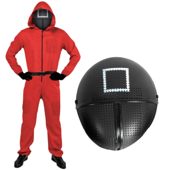 Adult Squid Game Guard Tracksuit Red Full Party Costume Set w/ Mask - Square Mask - L/XL