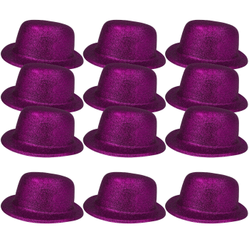 12x GLITTER BOWLER HAT Fancy Party Plastic Costume Cap Fun Dress Up Sparkle BULK - Purple
