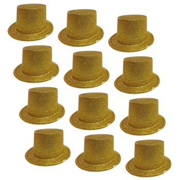 12x GLITTER TOP HAT Fancy Party Plastic Costume Tall Cap Fun Dress Up BULK - Yellow/Gold