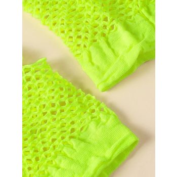 12 Pair Fishnet Gloves Fingerless Wrist Length 70s 80s Costume Party - Fluro Yellow