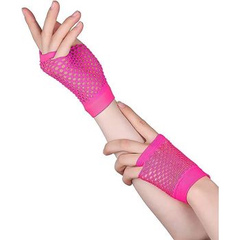 12 Pair Fishnet Gloves Fingerless Wrist Length 70s 80s Costume Party - Hot Pink