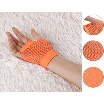 12 Pair Fishnet Gloves Fingerless Wrist Length 70s 80s Costume Party - Orange