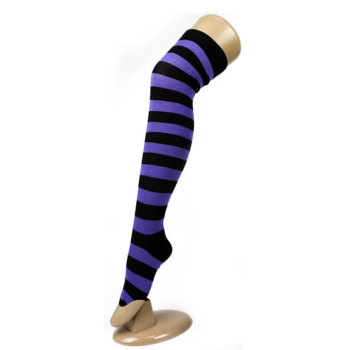 OVER THE KNEE SOCKS Plain Striped High Thigh Ladies Long Womens Stripey Stocking - Black/Purple