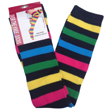 OVER THE KNEE SOCKS Plain Striped High Thigh Ladies Long Womens Stripey Stocking - Rainbow with Black Stripe