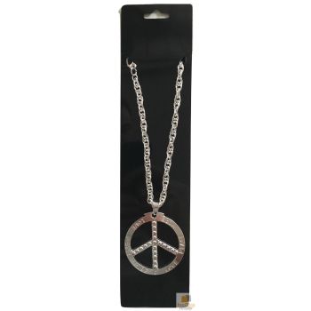 PEACE Sign Metal Necklace Chain Hippie Costume Party Pendant Chain Jewellery 70s 60s - Silver