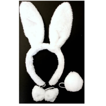 WHITE RABBIT EARS HEADBAND w Bow Tail Animal Costume Halloween Party Hair Accessory