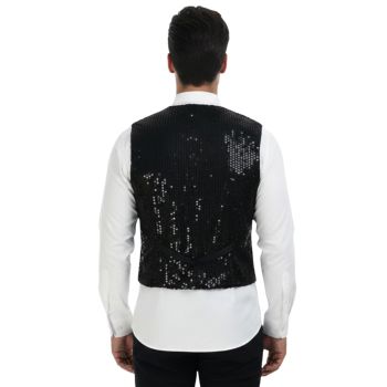 Mens Premium SEQUIN VEST Waistcoat Dance Costume Disco Sparkle Deluxe - Black