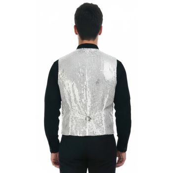 Mens Premium SEQUIN VEST Waistcoat Dance Costume Disco Sparkle Deluxe - Silver