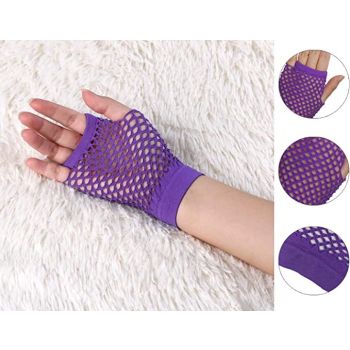 1 Pair Fishnet Gloves Fingerless Wrist Length 70s 80s Costume Party - Purple