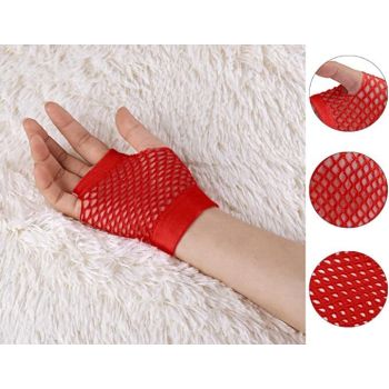 1 Pair Fishnet Gloves Fingerless Wrist Length 70s 80s Costume Party Dance - Red