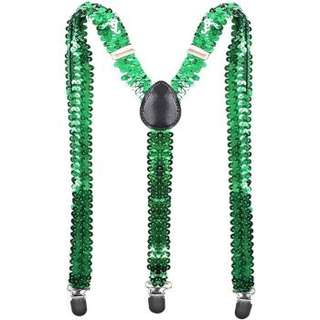 SEQUIN SUSPENDERS Unisex Adjustable Braces Clip On Elastic Y-Back  - Green