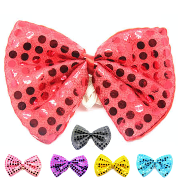 SEQUIN BOW TIE Polka Dots Bowtie Party Unisex Costume  13cm x 9cm Clown - Hot Pink