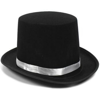 BLACK SATIN TOP HAT w Silver Ribbon Band Costume Mad Hatter Party Magician