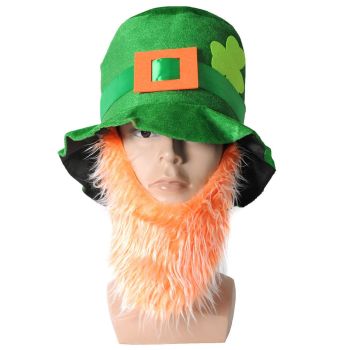 St Patricks Day Green Top Hat w/ Beard Iris Party Dress Up Ireland Halloween Cap