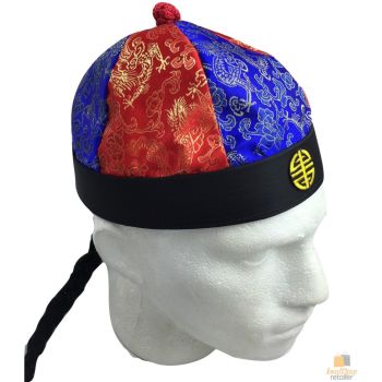 CHINESE LANDLORD HAT Oriental Asian Cap w Ponytail Party Costume Traditional - Blue/Red