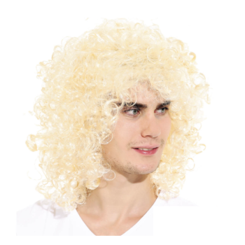 MENS LONG CURLY WIG Costume Party Fancy Long Hair Rock 70s 80s Blonde