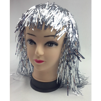 Tinsel Metallic Wig 70s 50s 20s Costume Mens Womens Unisex Disco Fancy Dress Up - Silver