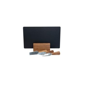 4pc Euroline Slate Wood 30cm Cheese Board w/ Plane Knife / Fork - Brown