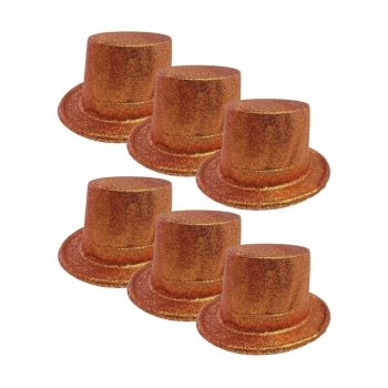 6x GLITTER TOP HAT Fancy Party Plastic Costume Tall Cap Fun Dress Up BULK - Orange - One Size