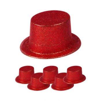 6x GLITTER TOP HAT Fancy Party Plastic Costume Tall Cap Fun Dress Up BULK - Red - One Size