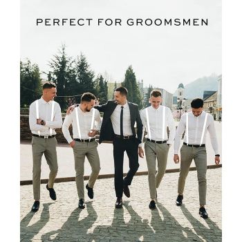 6x Mens Suspenders Braces Adjustable Strong Clip On Elastic Formal Wedding BULK - White