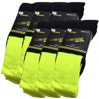 6x Pairs HI VIS SOCKS Workwear Work Safety Tradie High Visibility Fluro - Yellow - 6-11