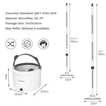 Premium Microfiber Round Mop Bucket Set w/ Clean & Dirty Water Separation 360 Degree - White