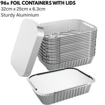 96x Aluminium Disposable Foil Food Container Trays Pans w/ Lids Covers Bulk 32cm*26cm*6.3cm