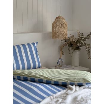 100% Cotton Duvet Quilt Cover Set w/ 2 Pillow Cases in Reversible Blue/Green/White Stripe - Single