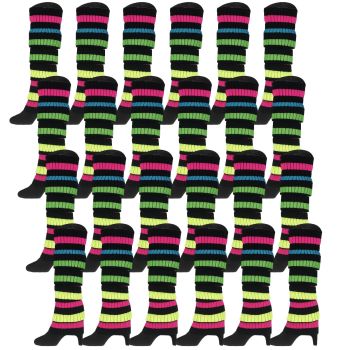 24x Womens Leg Warmers Disco Winter Knit Dance Party Crochet Legging Socks Costume - Rainbow with Black Stripe
