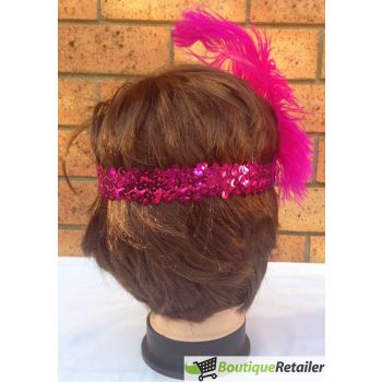 3x 1920s FLAPPER HEADBAND Headpiece Feather Sequin Charleston Costume Gatsby - Hot Pink