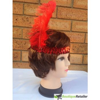 3x 1920s FLAPPER HEADBAND Headpiece Feather Sequin Charleston Costume Gatsby - Red