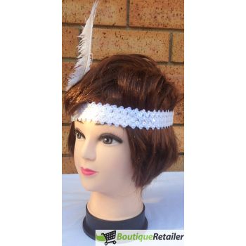 3x 1920s FLAPPER HEADBAND Headpiece Feather Sequin Charleston Costume Gatsby - White