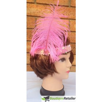 6x 1920s FLAPPER HEADBAND Headpiece Feather Sequin Charleston Costume Party BULK - Light Pink