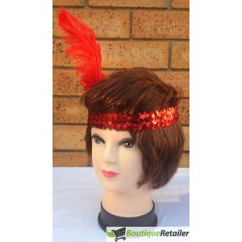 6x 1920s FLAPPER HEADBAND Headpiece Feather Sequin Charleston Costume Party BULK - Red