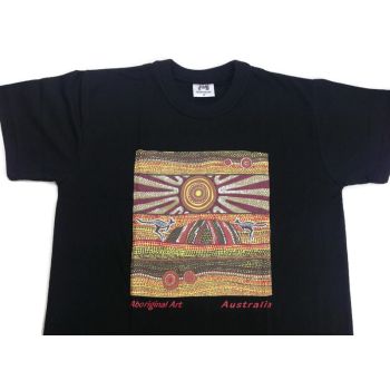 Mens Australia T Shirt Aboriginal Art 100% Cotton Souvenir Indigenous Tee - Black - X-Large