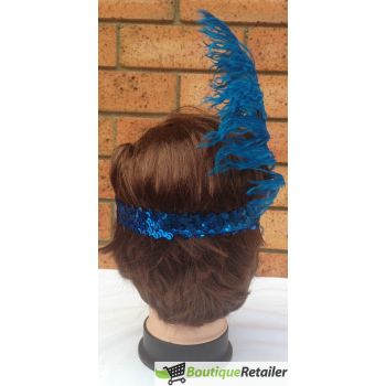 1920s FLAPPER HEADBAND Headpiece Feather Sequin Charleston Costume Gatsby Dance - Blue