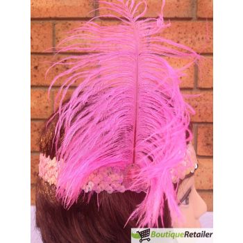 1920s FLAPPER HEADBAND Headpiece Feather Sequin Charleston Costume Gatsby Dance - Light Pink