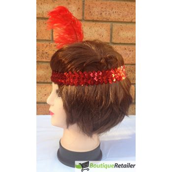 1920s FLAPPER HEADBAND Headpiece Feather Sequin Charleston Costume Gatsby Dance - Red