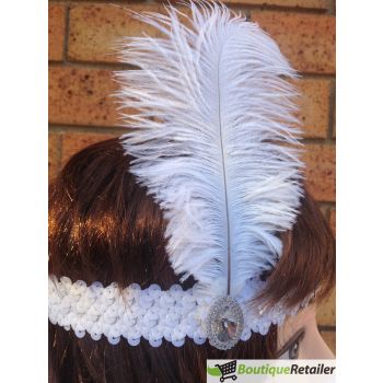 1920s FLAPPER HEADBAND Headpiece Feather Sequin Charleston Costume Gatsby Dance - White