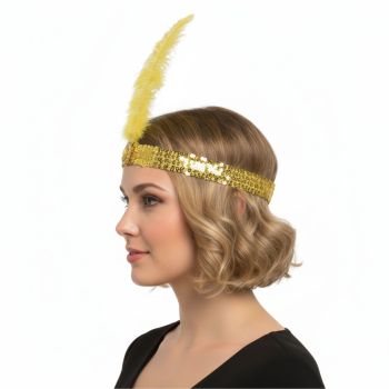 1920s FLAPPER HEADBAND Headpiece Feather Sequin Charleston Costume Gatsby Dance - Yellow