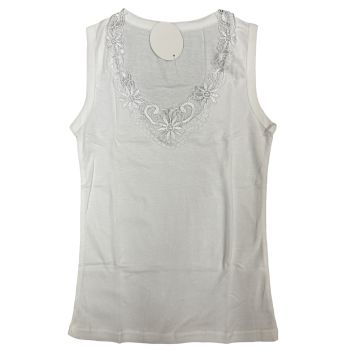Ladies Sleeveless Singlet Top Womens Summer Basic Tank Shirt Lace Motif Front - Natural - 16-18