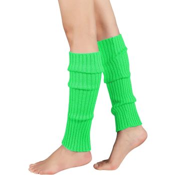 Pair of Womens Leg Warmers Disco Winter Knit Dance Party Crochet Legging Socks Costume - Fluro Green