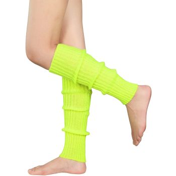 Pair of Womens Leg Warmers Disco Winter Knit Dance Party Crochet Legging Socks Costume - Fluro Yellow