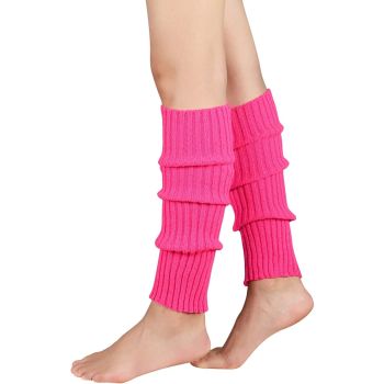 Pair of Womens Leg Warmers Disco Winter Knit Dance Party Crochet Legging Socks Costume - Hot Pink