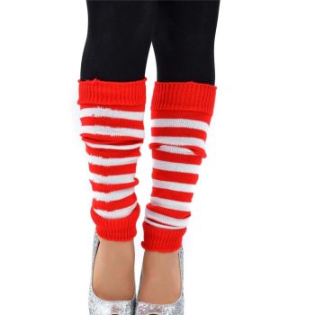 Pair of Womens Leg Warmers Disco Winter Knit Dance Party Crochet Legging Socks Costume - Red/White Stripe