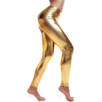 Metallic Leggings Stretchy Pants Neon Fluro Shiny Glossy Dress Up Dance Party - Bronze