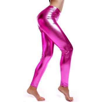 Metallic Leggings Stretchy Pants Neon Fluro Shiny Glossy Dress Up Dance Party - Hot Pink